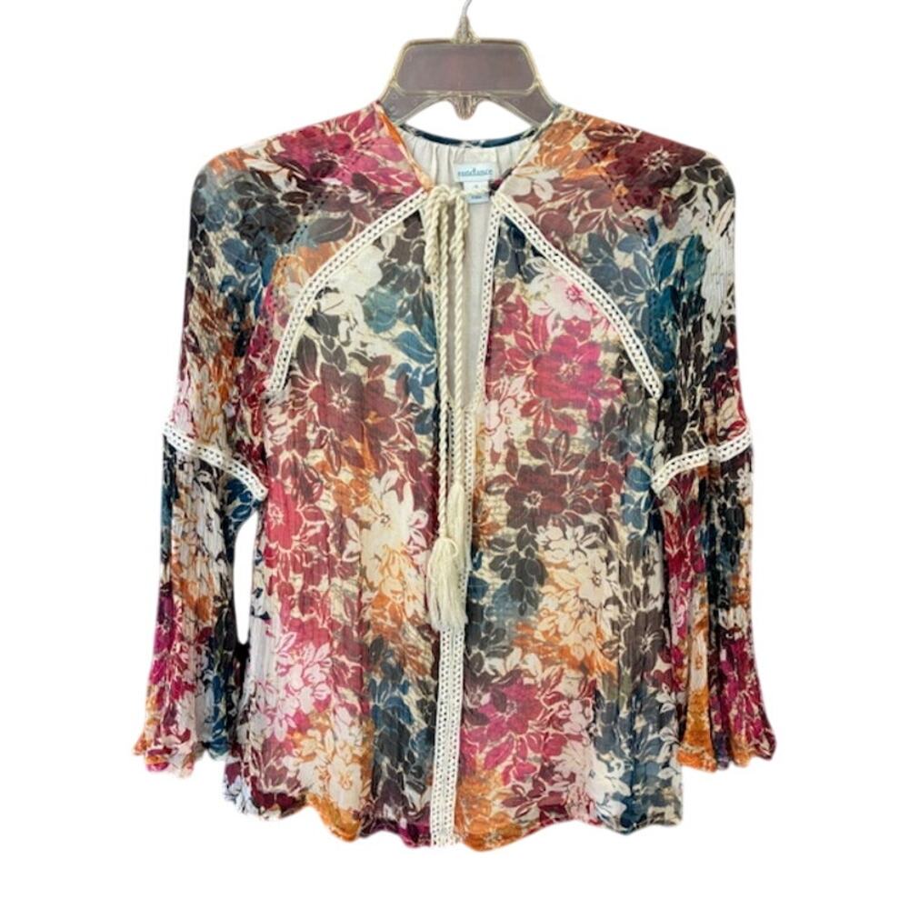 Sundance Floral Boho Style Tassels Blouse Flowy Sleeves V-Neck Size Small